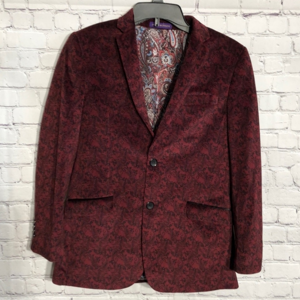 Boys size 16 James Morgan velvet burgundy floral blazer. Like new!